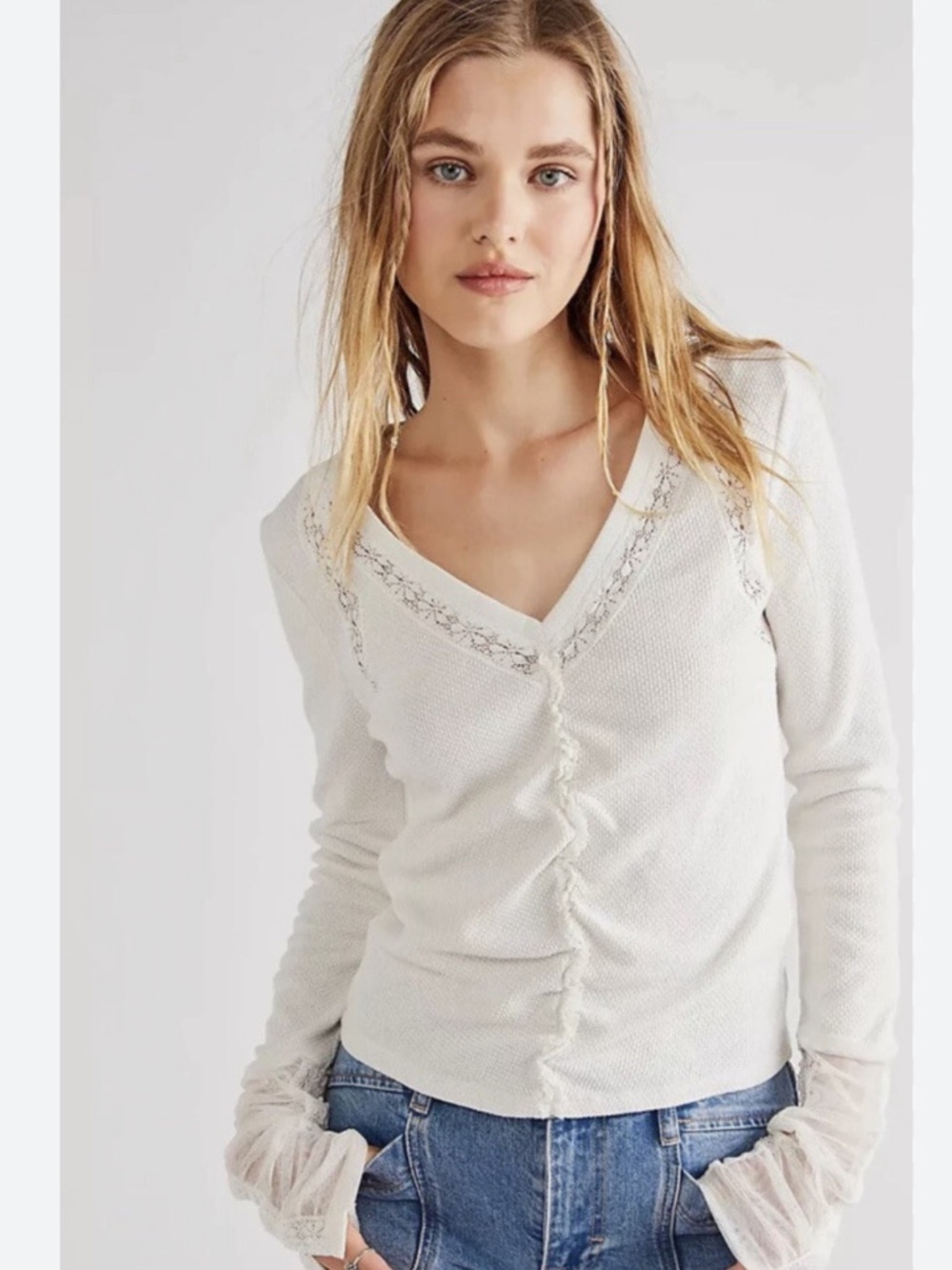 Free People Cream Lace-Trim V-Neck Thermal Top